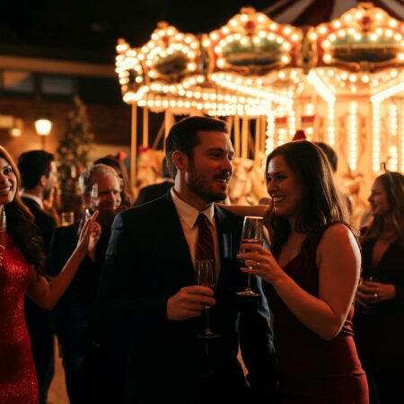 man and woman with drinks enjoying a corporate holiday party
